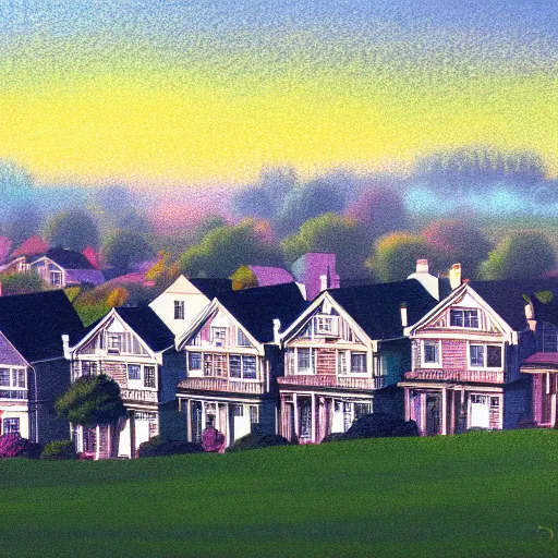 Image similar to suburban american neighborhood on early morning with mist over the houses, painting by best artist in the world, illustration, 4k, high quality, 1980, pastel colors, film grain, cluttered,