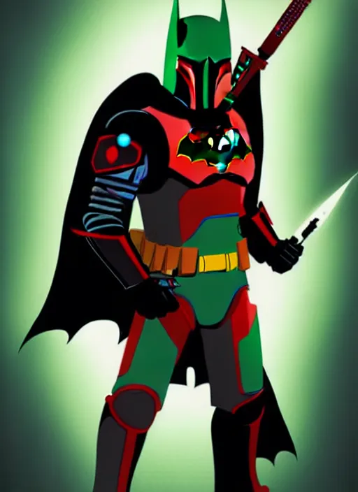 Image similar to batman x boba fett, digital art, character mashup, epic lighting, combination art