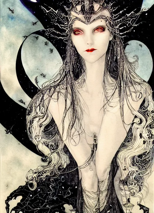 Image similar to dark vampire queen closeup face surrounded by bats, night sky, art by luis royo and walter crane and kay nielsen, watercolor illustration,