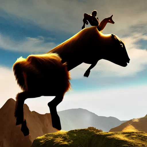 Image similar to half man half goat on a flying horse, clouds, mountains, epic, geek gods, volumetric lighting