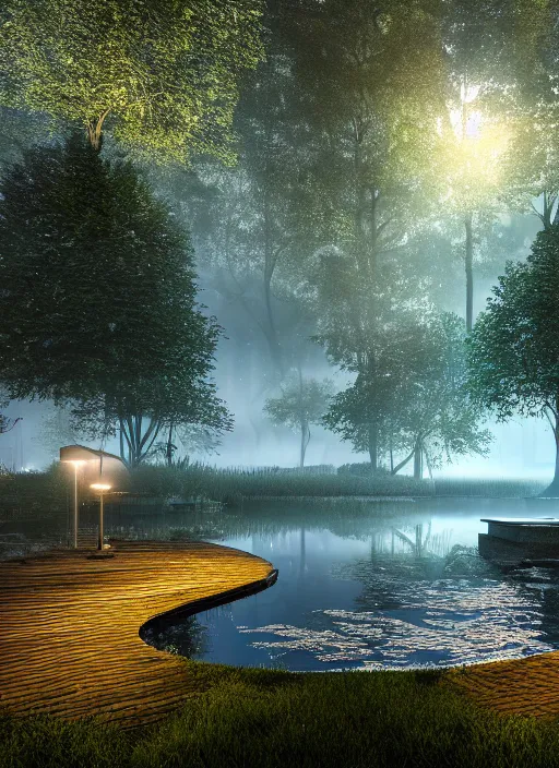 Image similar to photography at night of an ethereal pond with a central sunlight glare, mystical, cyber lights, masterpiece, epic, cinematic, hyperealistic, high detailed, corona render, hdr, ray tracing