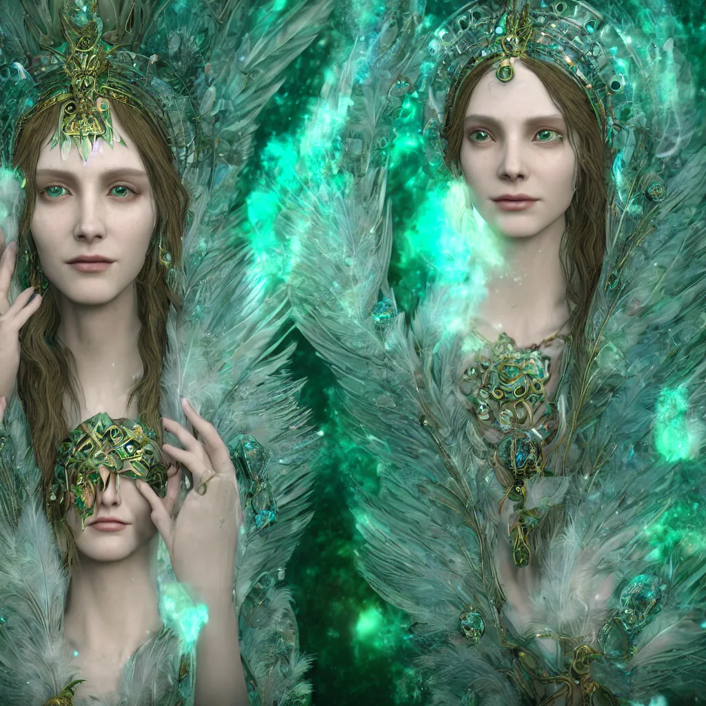 Image similar to wiccan high priestess with angelic face, super fine details and intricate jewelry with feathers and crystals, ethereal, in deep clear emerald water, divine realm of gods, solarpunk realistic cinematic style, filmed in 70mm, volumetric lighting, octane render, photographic, concept art, artist Leonardo DaVinci, unreal engine, 8k