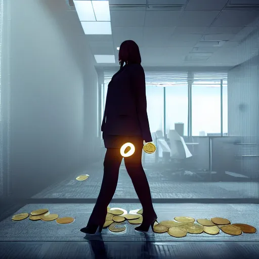 Image similar to Dramatic photo of a tall woman walking in an office. Golden coins are levitating all around them. 8k, high detail, trending on Artstation, volumetric lighting, cyberpunk,