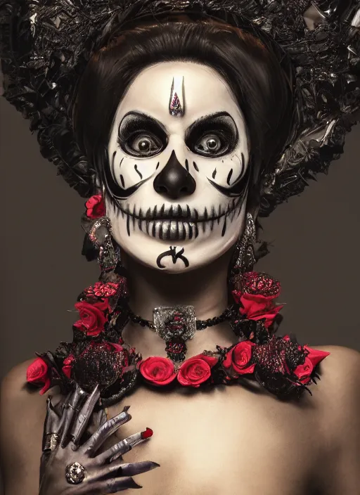 Prompt: a Photorealistic dramatic hyper realistic render of a glamorous Mexican Catrina, smoke by Ken Brower and Deborah Ory, Lois Greenfield, Beautiful dynamic dramatic dark moody lighting, volumetric, shadows, cinematic atmosphere, Octane render, 8K
