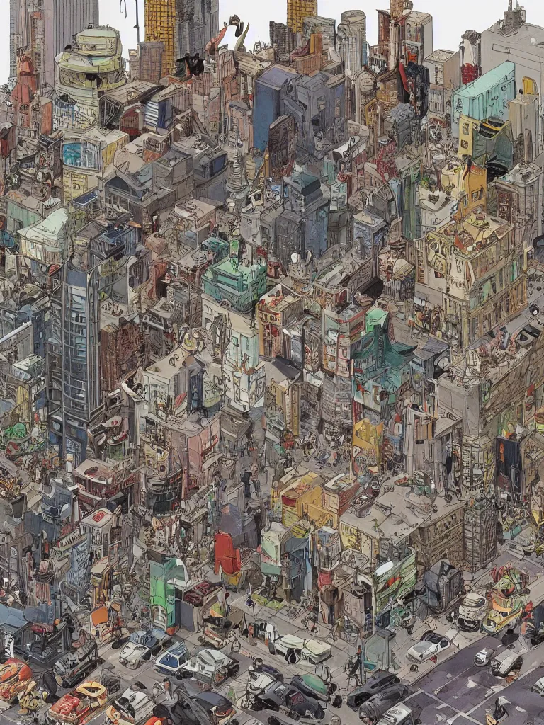 Image similar to busy futurepunk streetcorner, intricate colorful watercolor and ink artwork by geoff darrow. trending on artstation, very coherent symmetrical artwork. cinematic, hyper realism, high detail