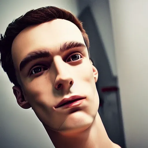 Image similar to “a realistic detailed photo of a guy who is an attractive humanoid who is half robot and half humanoid, who is a male android, twitch streamer and youtuber Ludwig, shiny skin, posing like a statue, blank stare”