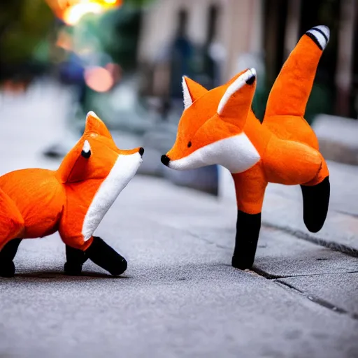 Prompt: Two fox! plushies playfully wrestling on the sidewalk, dynamic, motion blur, 1/4 shutter speed, award winning photography