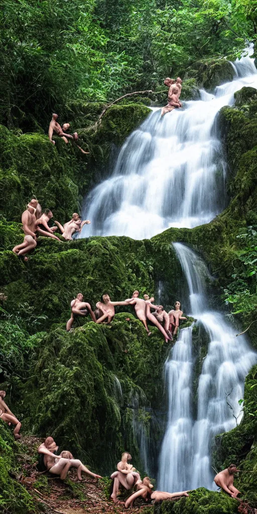 Image similar to cliffside wild waterfall in forest made of bodies, michaelangelo style