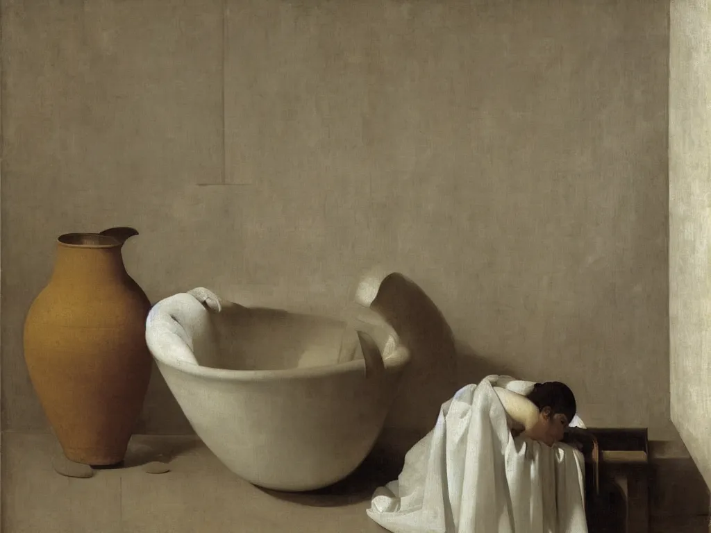 Image similar to Portrait of a woman in the bathtub with amphora, white cloth and crane. Still life. White Opal, marble teracotta. Painting by Zurbaran, Hammershoi, Morandi