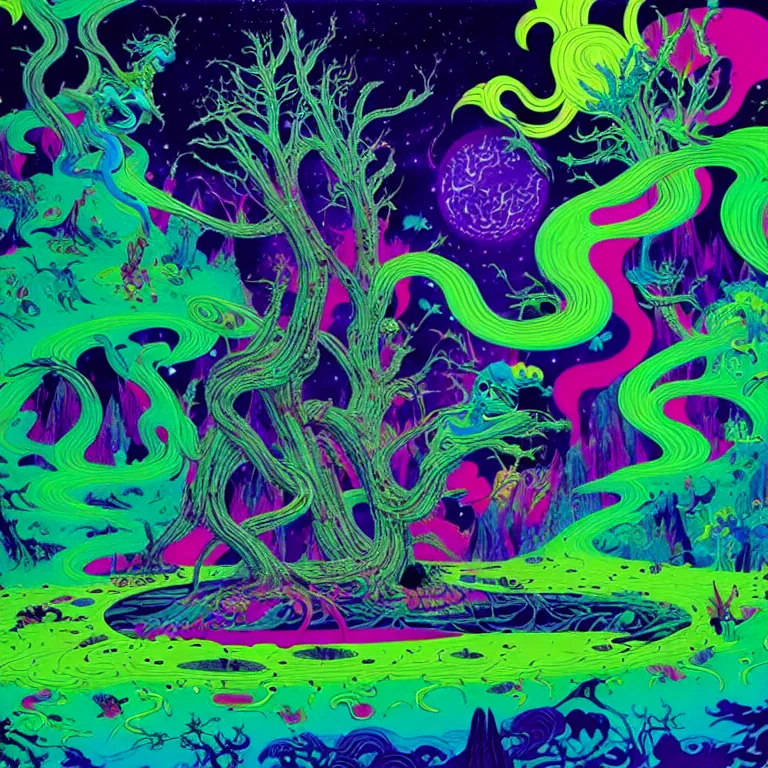 Prompt: hallucinogenic ghost galaxy, bright neon colors, highly detailed, cinematic, eyvind earle, tim white, philippe druillet, roger dean, lisa frank, aubrey beardsley