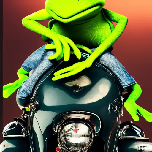 Image similar to slimy kermit the frog leaning against a motorcycle. bright sky. shiny pavement. gq magazine photograph.