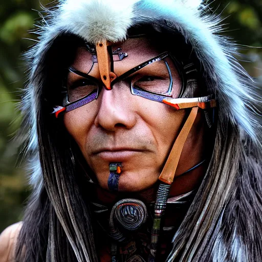 Prompt: photo of a real-life futuristic cyber native american warrior