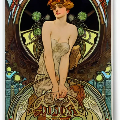 Image similar to The goddess of Fake News poster by Alphonse Mucha