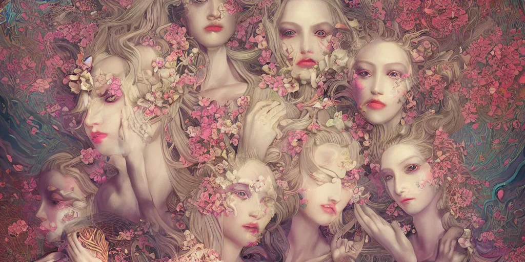 Image similar to breathtaking detailed concept art painting kaleidoscope art deco pattern of blonde faces goddesses amalmation flowers, by hsiao - ron cheng, bizarre compositions, exquisite detail, extremely moody lighting, 8 k