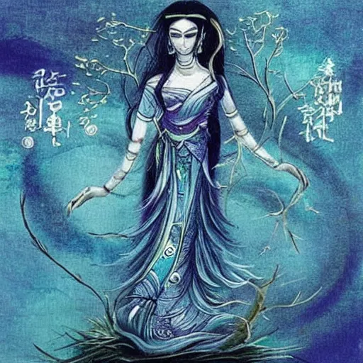 Prompt: “a beautiful singular river goddess blessing with magical dark fantasy power blueish in hue”