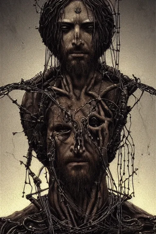 Prompt: a portrait of a cybernetic jesus nailed to a cross, wires, horror art by beksinski and giger and seb mckinnon and josan gonzalez, digital art, highly detailed, intricate, sharp focus, trending on artstation hq, deviantart, pinterest, unreal engine 5, 4 k uhd image