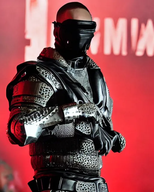 Image similar to eminem wearing a futuristic armored mask with amber eye reflective lenses, and black leather body armor.