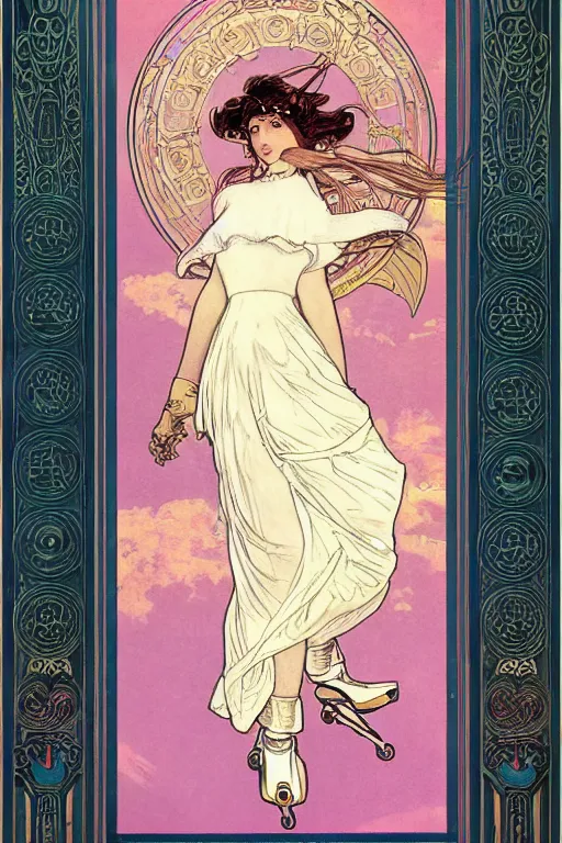 Prompt: art nouveau print of a solarpunk cyber white skirt beautiful girl character on hover roller skates skating through the clouds, pink gold sky, with a border, by alphonse mucha
