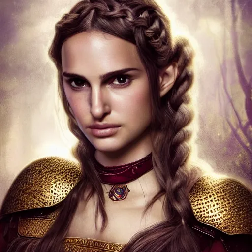 Prompt: head and shoulders portrait of a female knight, young natalie portman, golden etched armor, lord of the rings, celtic hair braid, eldritch ruby amulet, elf warrior, by artgerm, alphonse mucha, face detail, sharp focus, high key lighting, vogue fashion photo