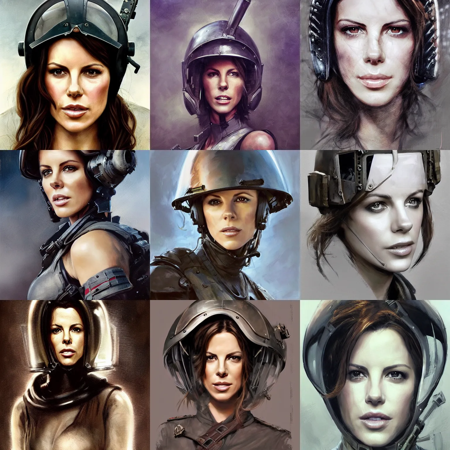 Prompt: portrait of kate beckinsale in fly helmet, colourised, face portrait, epic, tragic, military art, fantasy, dieselpunk, hd shot, digital portrait, beautiful, artstation, comic style, by artgerm, guy denning, jakub rozalski, magali villeneuve and charlie bowater