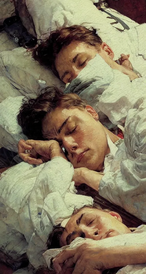 Image similar to close up of an exhausted surgeon asleep, sun shining, photo realistic illustration by greg rutkowski, thomas kindkade, alphonse mucha, loish, norman rockwell.