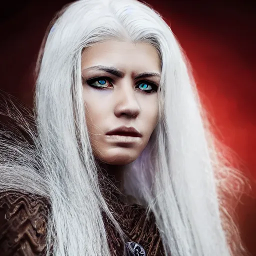 Prompt: portrait of a stunning female warrior with white hair, closeup, devianart