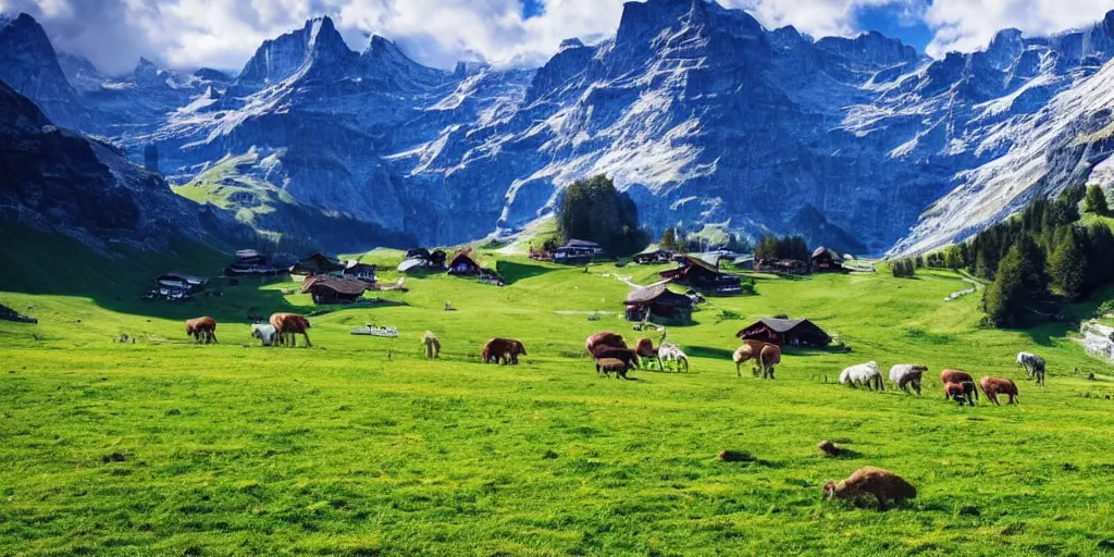 Image similar to beautiful landscape switzerland green pastures blue sky sunny snowy mountains realistic hd