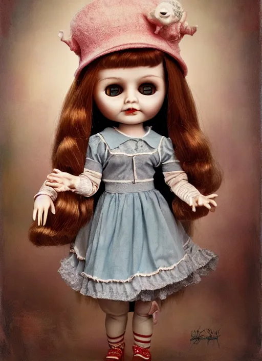 Image similar to highly detailed wide - angle portrait of a retro doll with fingerless hands hands, nicoletta ceccoli, mark ryden, lostfish, earl nore, hyung tae, frank frazetta, global illumination, detailed and intricate environment