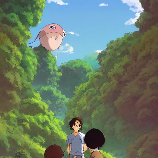 Image similar to friendly guy and small creature in the studio ghibli movie art smooth 8k highly detailed, detailed face, beautiful scene, forest, fantasy, details, anime,