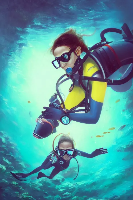 Prompt: a portrait of a cute female scuba diver, underwater setting, vivid colors, soft lighting, atmospheric, cinematic, moody, in the style of artgerm and greg rutkowski, oil on canvas, 8 k