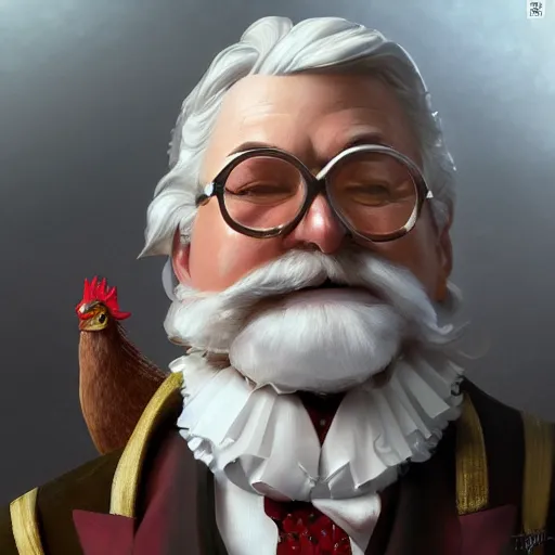 Image similar to closeup of Colonel Sanders getting married to a chicken, modern setting, intricate, elegant, highly detailed, digital painting, artstation, concept art, matte, sharp focus, illustration, hearthstone, art by Artgerm and Greg Rutkowski and Alphonse Mucha