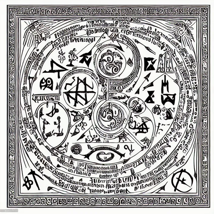 Image similar to high contrast occult ritual diagram, ornate elaborate inked antique diagram of complicated occult ritual runes and markings