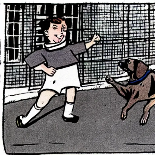 Prompt: illustration of french boy on the streets of paris playing football against a corgi, the dog is wearing a polka dot scarf, comic, 1 9 7 2