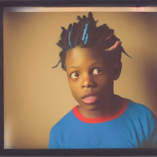 Prompt: photo of a black boy with colored dread, in dark room flash polaroid effect