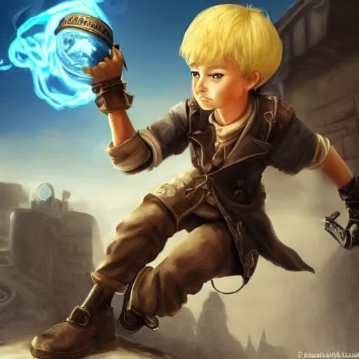 Prompt: A blonde boy wearing steampunk wristband that launches out a grapple using steam canisters, epic fantasy art style HD