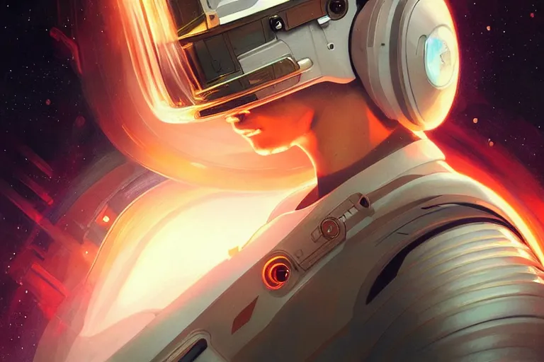 Image similar to Portrait of a Futuristic astronaut reflective visor reflecting a nebula supernova in space, portrait, elegant, intricate, digital painting, artstation, concept art, smooth, sharp focus, illustration, art by artgerm and greg rutkowski and alphonse mucha