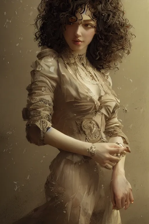 Image similar to a young beautiful lady with curly hair, in style of Valentin Serov, hypermaximalistic, high details, cinematic, 8k resolution, beautiful detailed, insanely intricate details, artstation trending, octane render, unreal engine