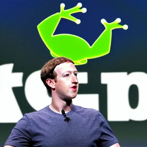 Image similar to mark zuckerberg introducing the Facebook Frog: a live frog