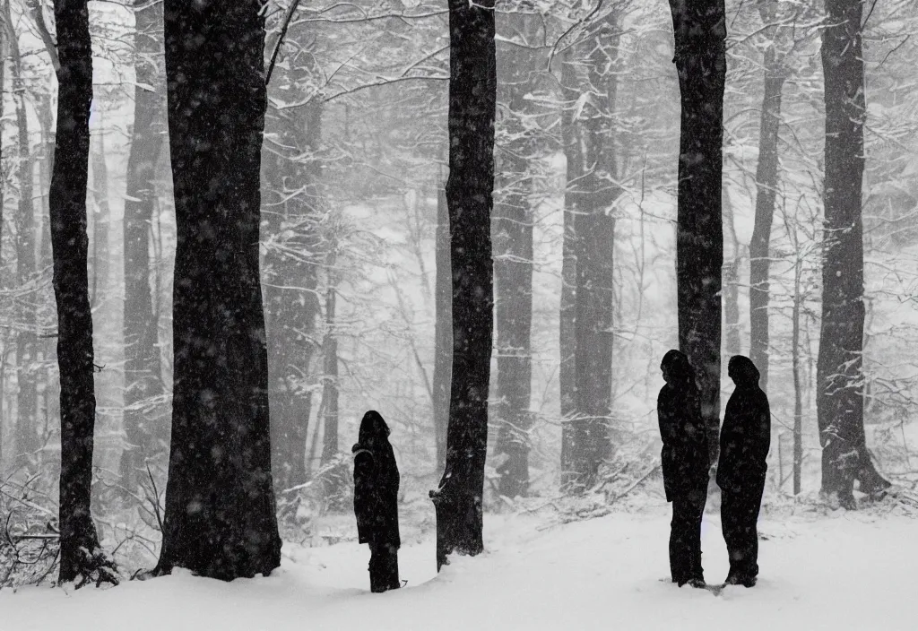 Image similar to lomo photo of two human silhouettes standing in front of a modern forest cabin in the snow, cinestill, bokeh, out of focus, day, dramatic lighting