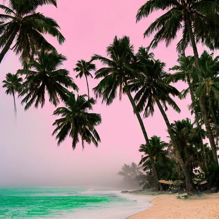 Prompt: palm trees on the beach, poster, fog, pink-blue-green light, landscaping, natural, outdoor spaces,