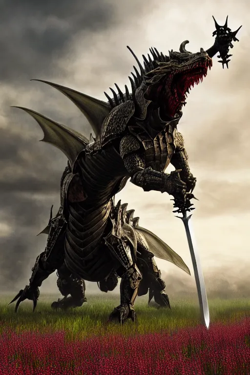 Prompt: hyperrealistic neo - gothic cinematic armored dragon holding sword in a field of flowers, highly detailed video game concept art masterpiece, vitaly bulgarov dramatic low light, ground angle uhd 8 k, sharp focus