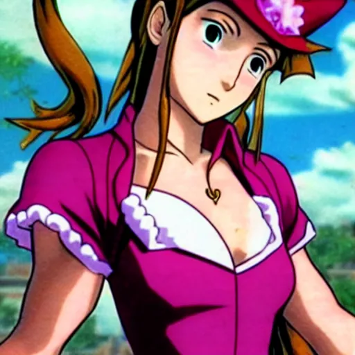 Image similar to aerith gainsborough in jojos bizarre adventure, high quality