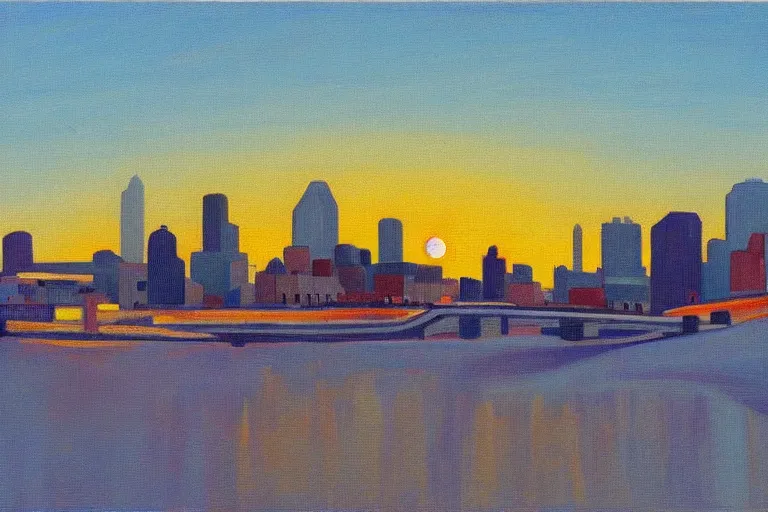 Prompt: winnipeg skyline, sunset, painting by lawren s harris, group of seven, 4 k