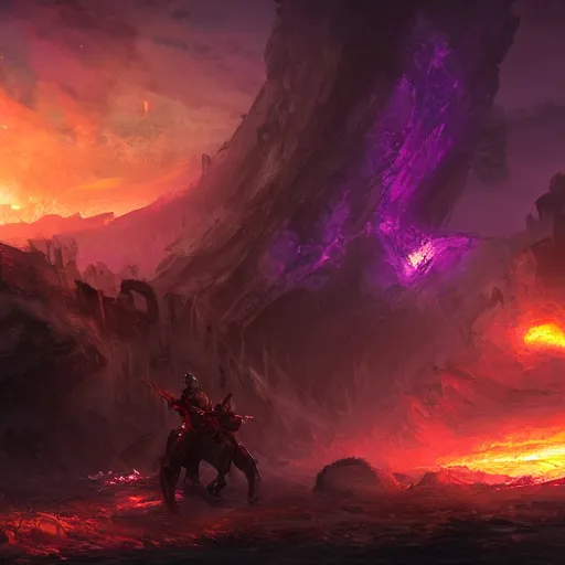 Prompt: a single armored knight standing in the ruins of crux prime, purple fiery maelstrom in the distance, digital art, artstationhq