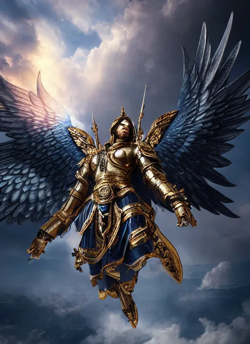 Image similar to archangel micheal flying in sky by huang guangjian, taekwon kim rostbite 3 engine, cryengine, dof, trending on artstation, digital art, chanel, dior, fantasy and detailed and intricate background