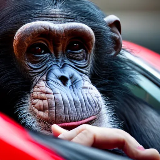 Image similar to a chimpanzee in a racing suit sitting in a porsche cabrio, photography, commercial photo