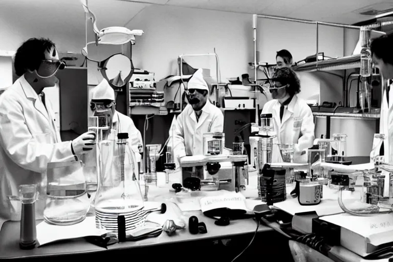 Prompt: recent photograph of reckless!!! whimsical! scientists in a lab inventing a new flavor of pringle, presentation, slide show, beakers, doomsday device