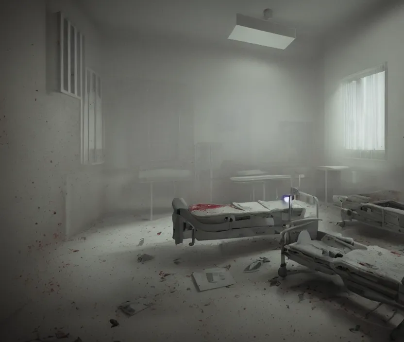 Image similar to Abandoned hospital room with red ceiling lighting and several blue lights on the walls, gloomy and foggy atmosphere, octane render, artstation trending, horror scene, highly detailded