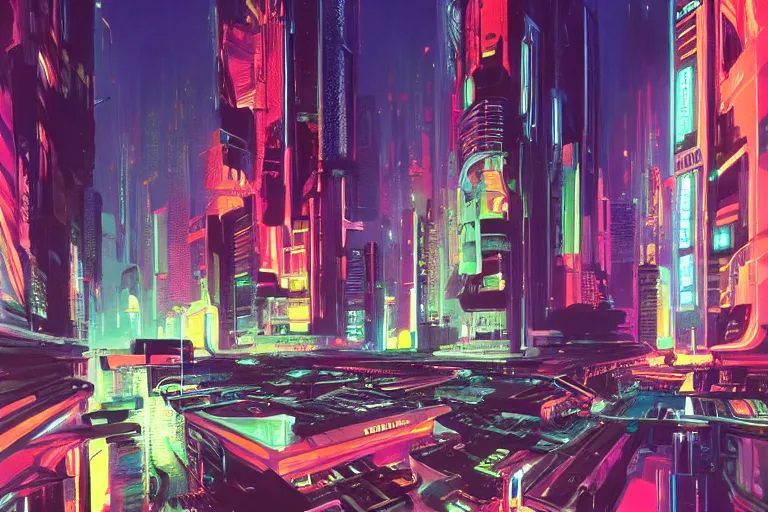 Prompt: neon night in futuristic city, painting by syd mead, highly detailed, soft lighting, 8 k resolution, oil on canvas, architectural magazine, beautiful detailed, insanely intricate details, artstation trending