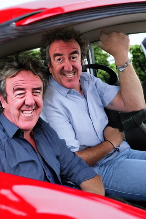 Image similar to jeremy clarkson driving a red toyota prius racing richard hammond